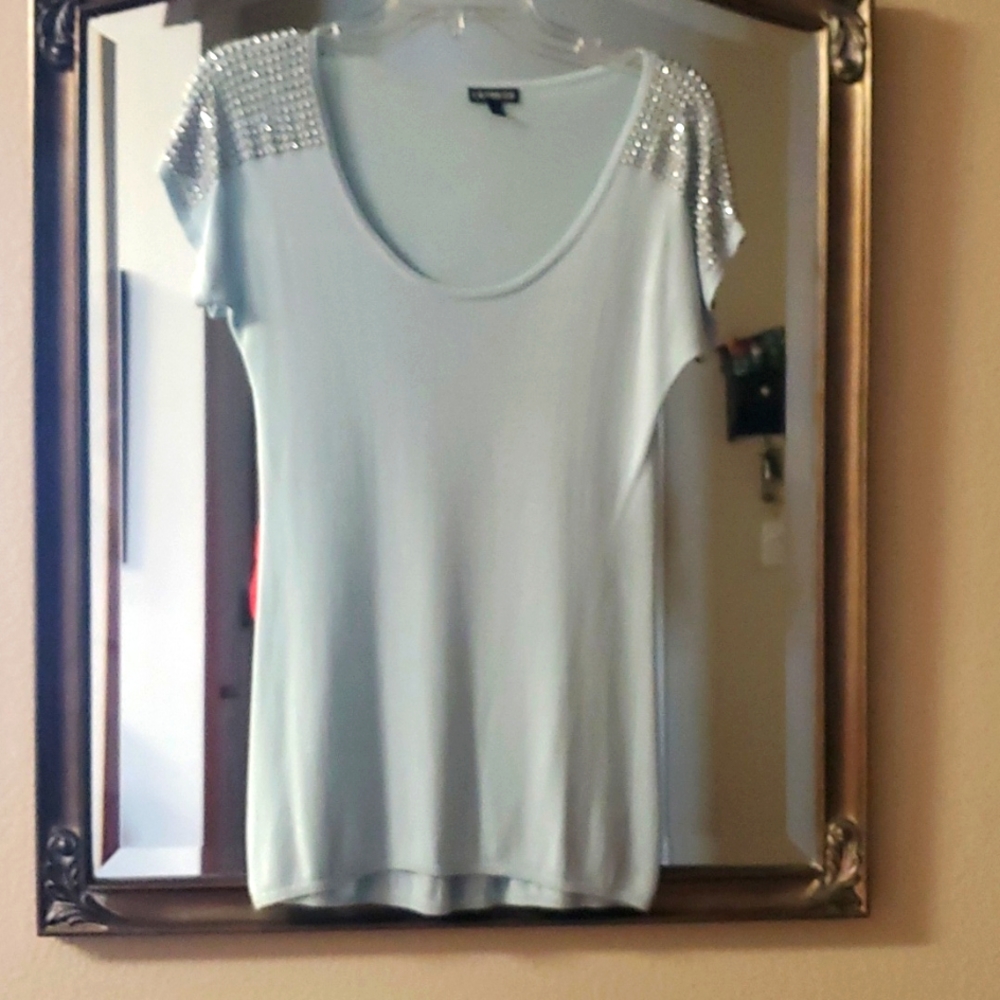 LIKE NEW! Express pastel blue with rhinestone detail light rayon knit sweater.